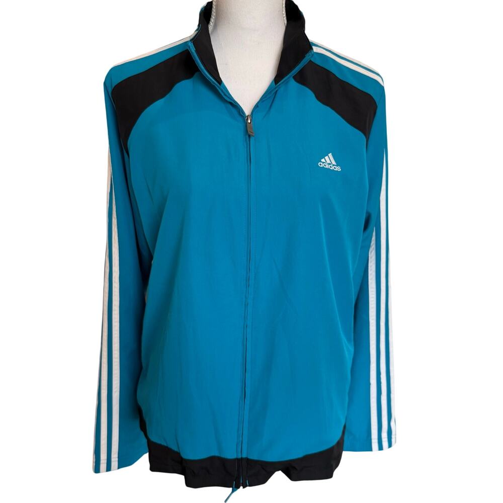 Adidas Jacket Women's Large Blue Black Track Windbreaker Warm Up Woven